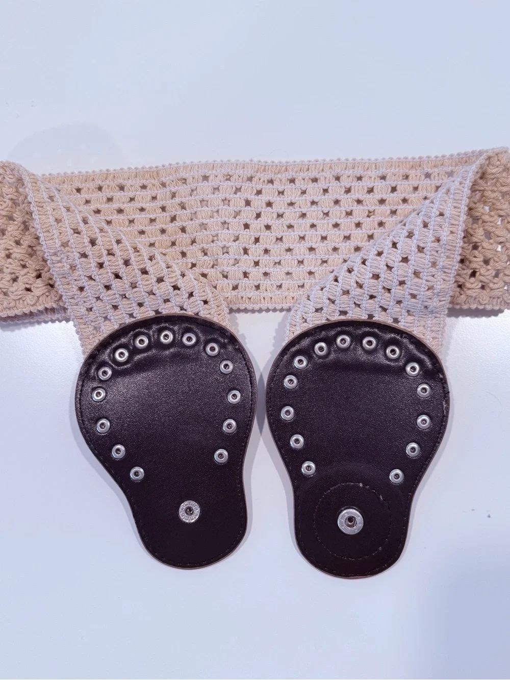 Boho Beige Crochet Stretch Belt with Studded Faux Leather Closure - Picture 2 of 3